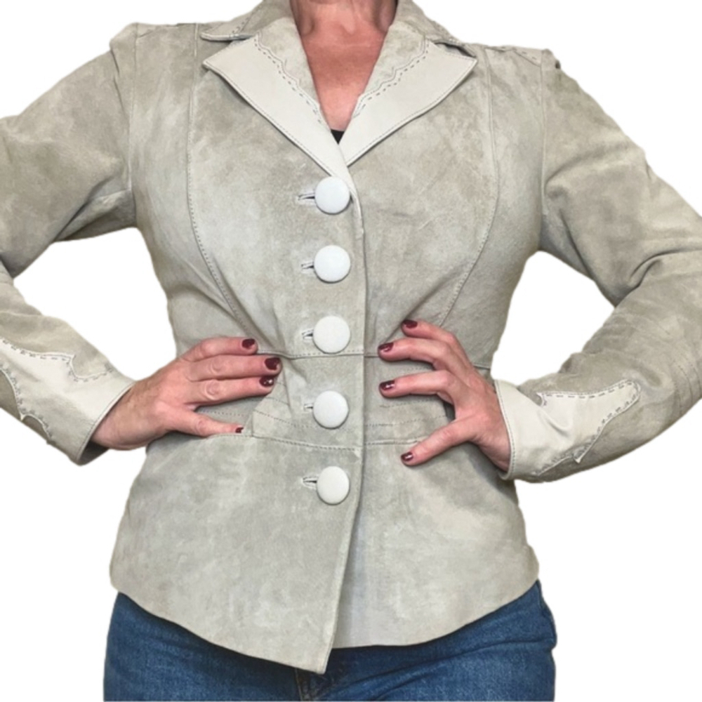 SKOTTS Western Style Suede & Leather Blazer, Washable, Taupe and Cream, Size S